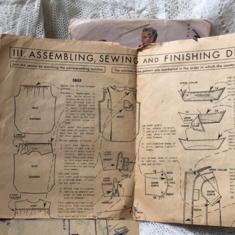 1940s McCall 5863 men’s shirt sewing pattern, neck 14-14 1/2, vintage